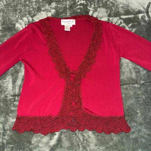 VTG Joseph A Cardigan Sweater Womens S Red Crochet Lace Trim Open Front Coquette - Picture 9 of 9